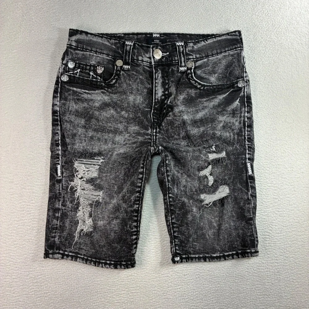 True Religion Ricky Jean Shorts Men 34x12 Black Acid Wash Distressed Denim Jorts - Picture 2 of 7